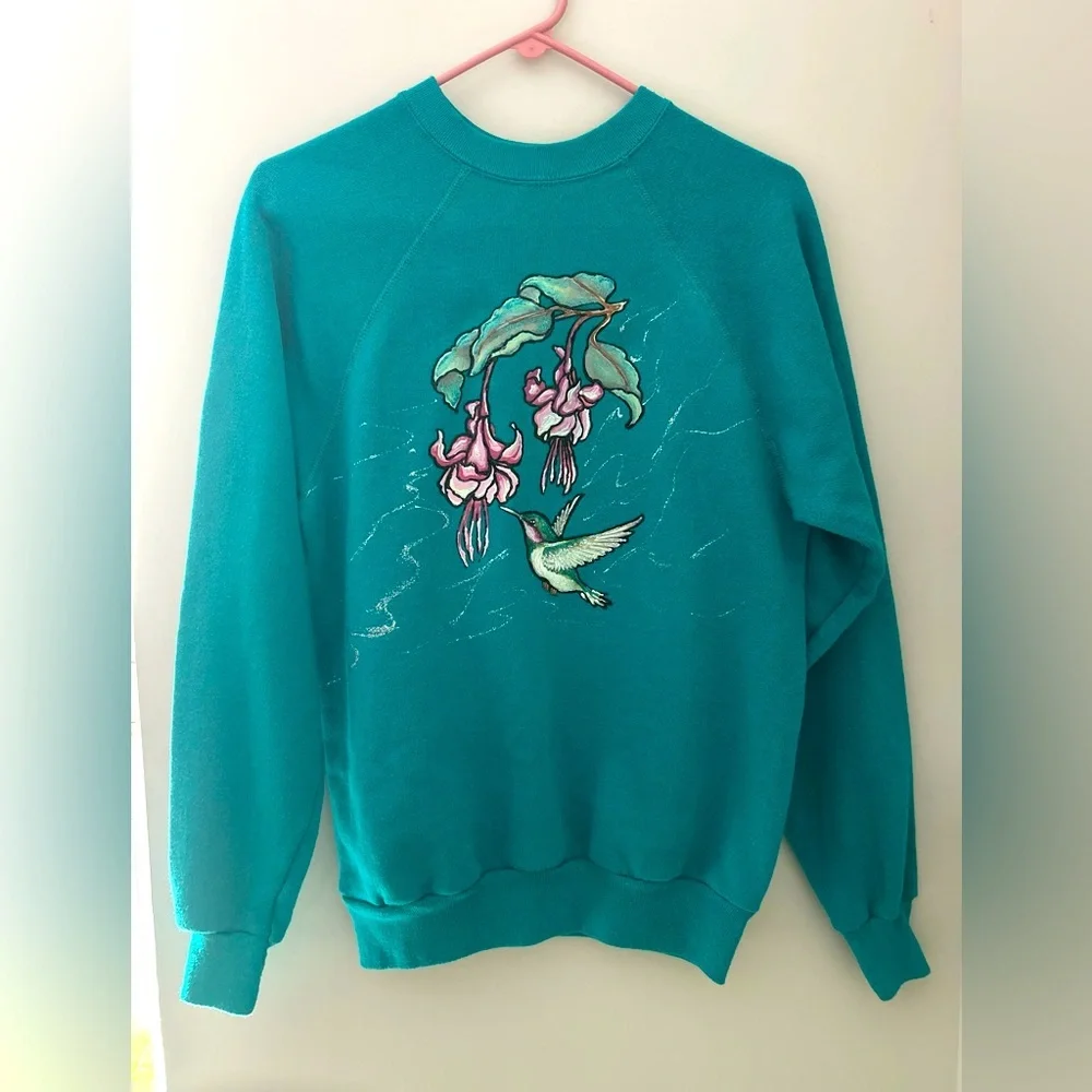 VTG Tultex hand painted hummingbird floral granny sweatshirt grandmacore M